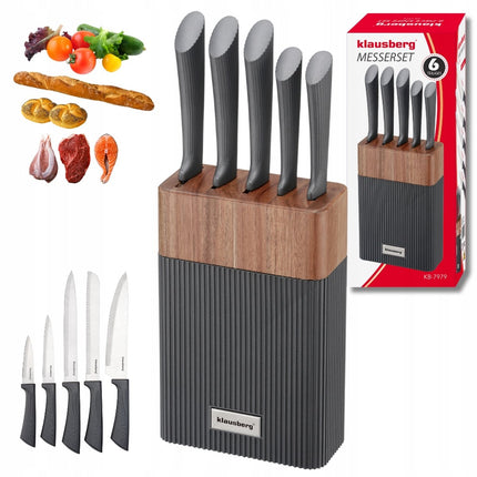 KLAUSBERG 6-teiliges Messerset – Akazienholzblock – Edelstahl – Graue rutschfeste Griffe – KB-7979