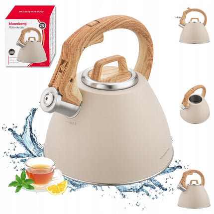 KLAUSBERG KB-7954 Wasserkocher 2,5 L – Wasserpfeife – Beige Matt – Holzoptik Griff – Edelstahl – Soft-Touch – Induktion