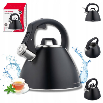 KLAUSBERG KB-7952 Wasserkocher 2,5 L – Schwarz Matt – Soft-Touch Griff – Induktion – Edelstahl – Mit Pfeife