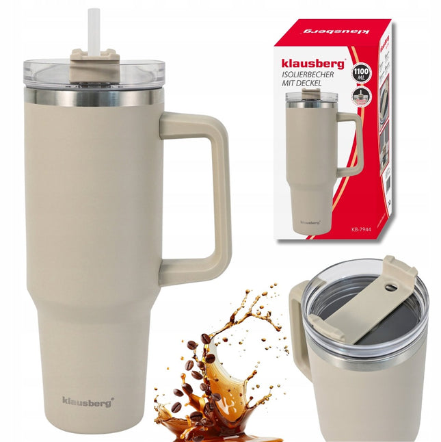 Klausberg KB-7944 Thermobecher - 1100 ml - Hellbeige - Doppelwandige Vakuumisolierung - Mit Griff und Verschlusskappe - Thermoskanne - Warmhaltebecher