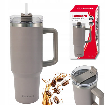 Klausberg KB-7943 Thermische Mok - 1100 ml - Beige - Dubbelwandige Isolatie - Met Handvat en Drinkdop - Thermosbeker - Warmhoudbeker - Thermosfles