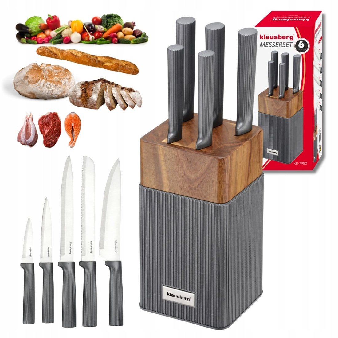 KLAUSBERG 6-Piece Knife Set with Block – Acacia Wood Block – Stainless Steel Kitchen Knives – Graphite Handles – KB-7982