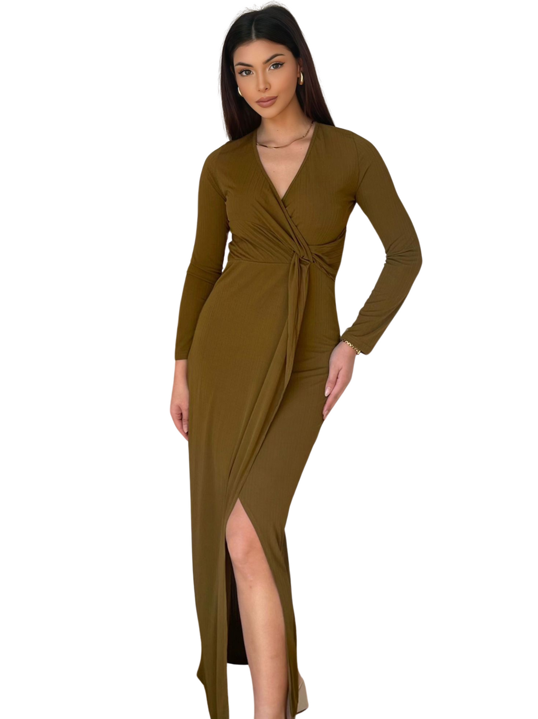 Donna Dress – damesjurk in taupe of olijfgroen, maat S, M en L – foto 3