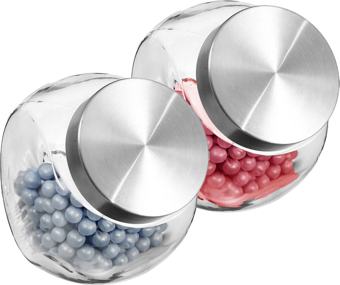 5Five Bocal de conservation avec couvercle en inox - 2x - 1,5L - verre - bonbonnière - conservation alimentaire - fermeture hermétique