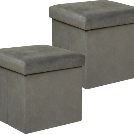 Atmosphera Poef/krukje/hocker Amber - 2x - Opvouwbare zit opslag box - fluweel Donkergrijs - D38 x H38 cm - MDF/polyester