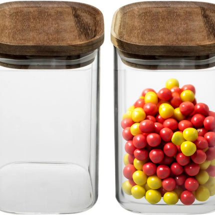 5Five Vorratsdose Lebensmittel – 2er-Set – Glas mit Akazienholzdeckel – 1000 ml – mit luftdichtem Deckel