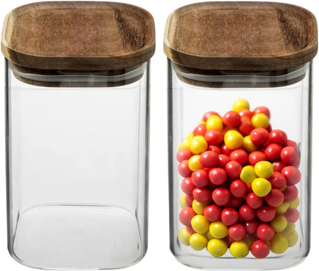 5Five Vorratsdose Lebensmittel – 2er-Set – Glas mit Akazienholzdeckel – 1000 ml – mit luftdichtem Deckel