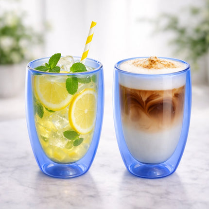 Doppelwandige Gläser 2er Set - 350 ml - Isolierende Teetasse oder Kaffeetasse Ohne Henkel - Doppelwandiges Glas - Blau