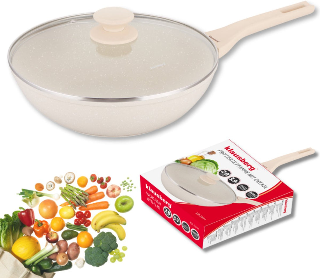Klausberg wokpan 28 cm met deksel – marmercoating, inductie, 3,9 liter, crème
