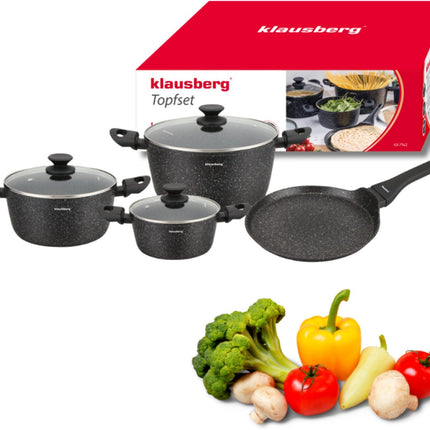 Klausberg KB-7962 Topfset 7-teilig Schwarz | Marmor-Antihaftbeschichtung | Inklusive Pfannkuchenpfanne | Induktionsgeeignet