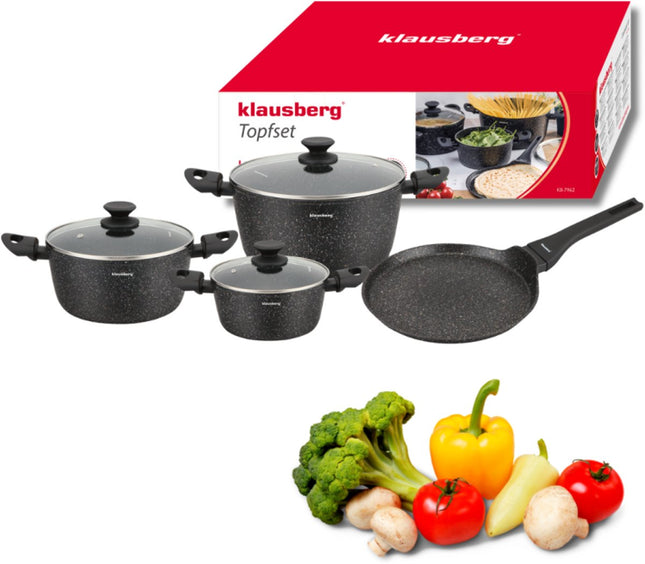 Klausberg KB-7962 Topfset 7-teilig Schwarz | Marmor-Antihaftbeschichtung | Inklusive Pfannkuchenpfanne | Induktionsgeeignet