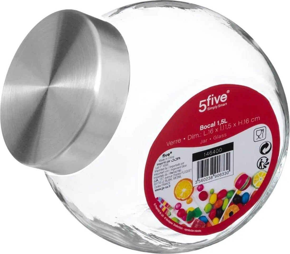 5Five Bocal de conservation avec couvercle en inox - 2x - 1,5L - verre - bonbonnière - conservation alimentaire - fermeture hermétique