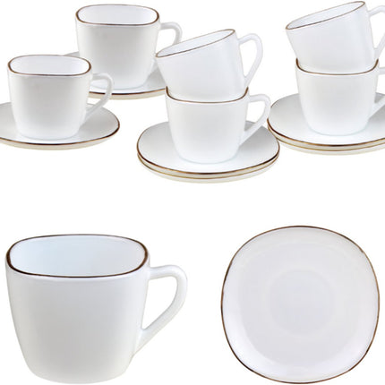 KingHoff Quadratische Tassen- und Untertassenset 12-teilig - Weiße Opalglas-Kaffeetassen mit Goldrand - 220 ml - Modernes Design - Kaffeeservice-Untertassenset