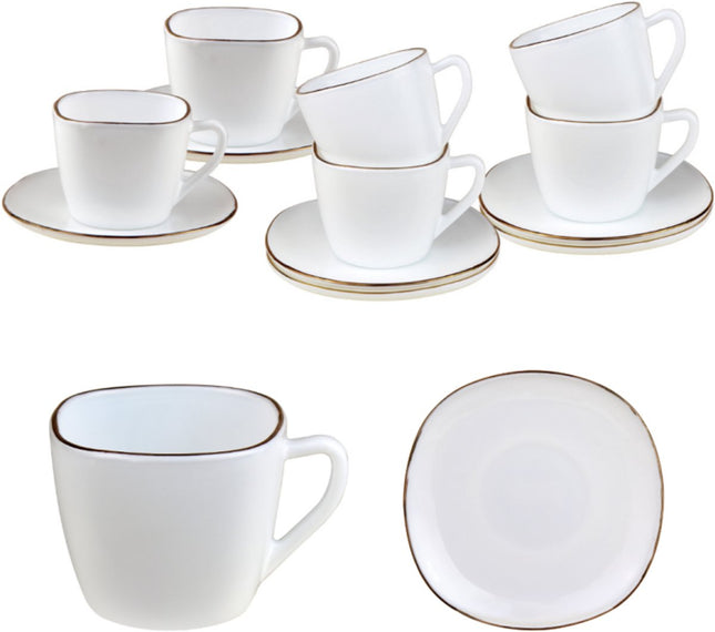 KingHoff Vierkante Kop en Schotel Set 12-delig - Wit Opaalglazen Koffiekopjes met Gouden Rand - 220 ml - Modern Design - Koffieset Schotelset