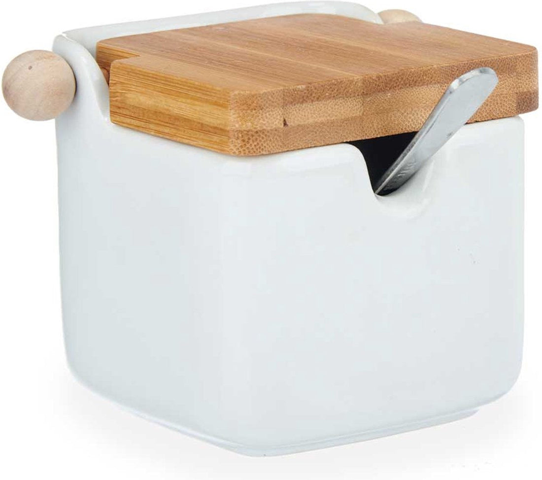 Pot à sucre Kinvara avec couvercle - blanc - 190 ml - porcelaine - bambou - 7,5 x 11 x 7,5 cm