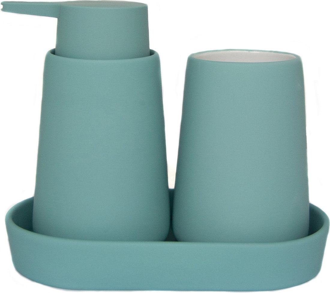 5Five Ensemble de salle de bain Cocoon - Distributeur de savon / Gobelet / Soucoupe - Pétrole