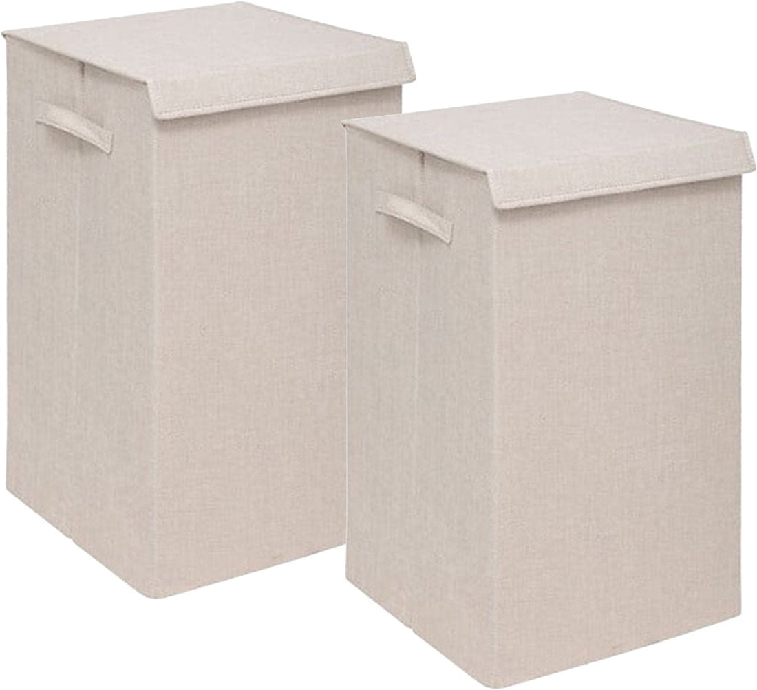Panier à linge de tri 5Five Eureka - 2x - 74 litres - beige - 37 x 37 x 60 cm - MDF / tissu polyester - avec couvercle