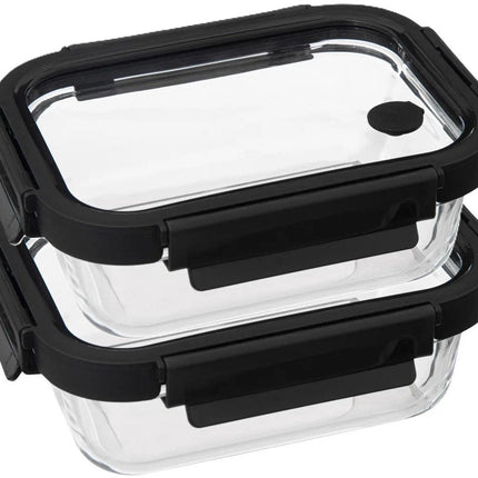 5Five Frischhaltedose mit Deckel - 2x - Glas - luftdicht - mit Clips - 19 x 14 x 7 cm - 500 ml - schwarz/transparent