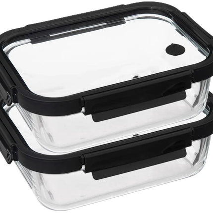 5Five Vershoudbakje met deksel - 2x - glas - luchtdicht - met clips - 23 x 18 x 8 cm - 1300 ml - zwart/transparant