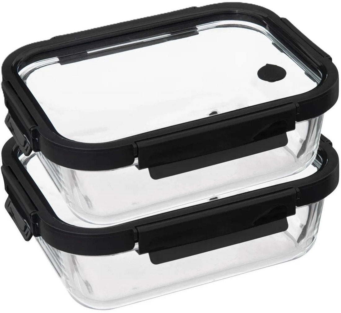 5Five Boîte de conservation avec couvercle - 2x - verre - hermétique - avec clips - 23 x 18 x 8 cm - 1300 ml - noir/transparent