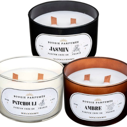 Luxus Duftkerzen Geschenkset 3er-Pack – Patchouli, Amber und Jasmin – Knisterdocht aus Holz