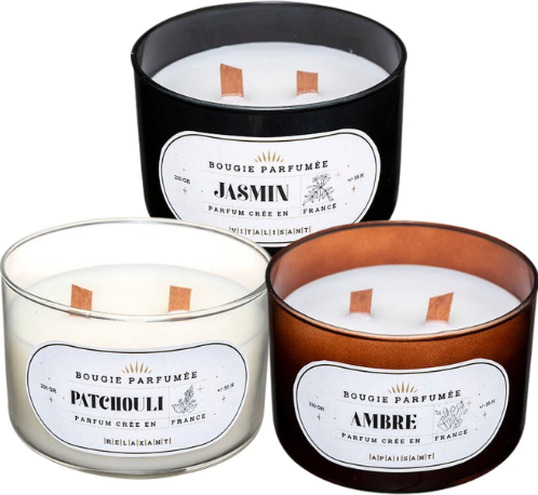 Coffret Cadeau de 3 Bougies Parfumées de Luxe – Patchouli, Ambre et Jasmin – Mèche en Bois Crépitante