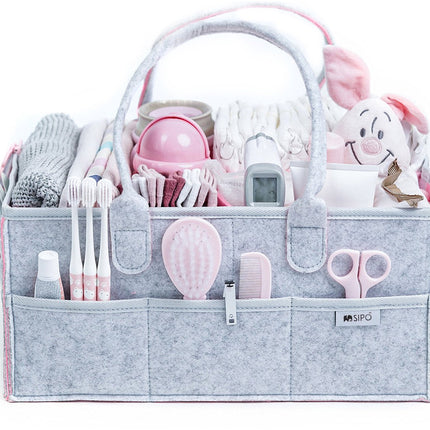 SIPO Windel-Organizer-Tasche – Aufbewahrungskorb für Babyzubehör – Filz-Caddy mit Griff – 3 Fächer + 8 Taschen – Grau / Rosa – Wickeltisch-Tasche – Wickeltisch-Organizer