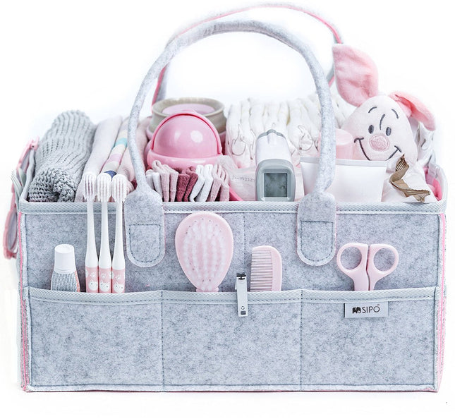 SIPO Windel-Organizer-Tasche – Aufbewahrungskorb für Babyzubehör – Filz-Caddy mit Griff – 3 Fächer + 8 Taschen – Grau / Rosa – Wickeltisch-Tasche – Wickeltisch-Organizer