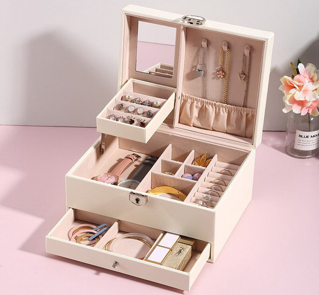 Organisateur de bijoux avec miroir - Boîte de rangement de luxe