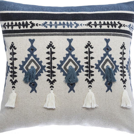 Kussensloop ETNIK macramé pompon 40x40, blauw grijs