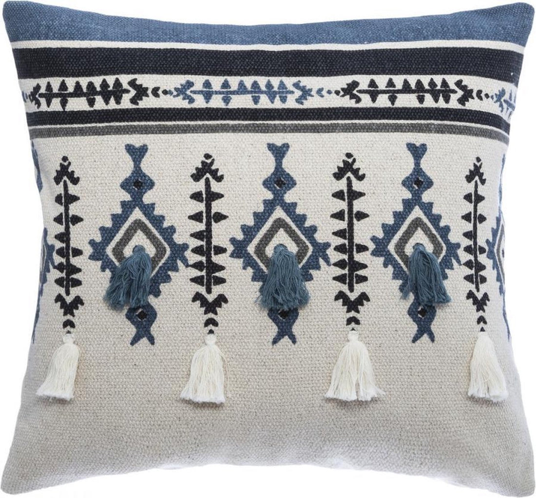 Housse de coussin ETNIK macramé pompon 40x40, bleu gris