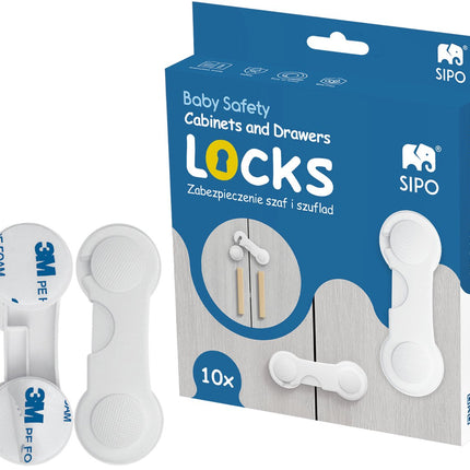 SIPO Möbelsicherung Set 10-teilig - Kindersicherung für Schränke und Schubladen - Selbstklebender Weißer ABS-Kunststoff - Türsicherungsschloss