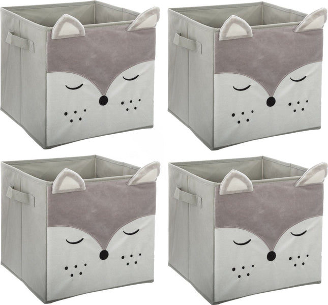 Atmosphera Opbergmand/kastmand vos - 4x - voor kinderen - karton/kunststof - grijs - 30 x 30 cm