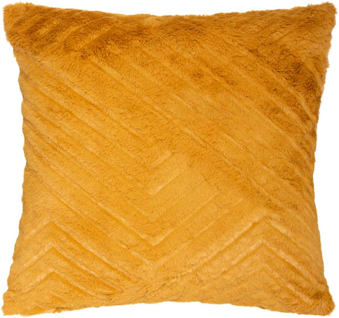 Coussin décoratif ocre jaune fourrure peluche motif relief 3D 45 x 45 cm
