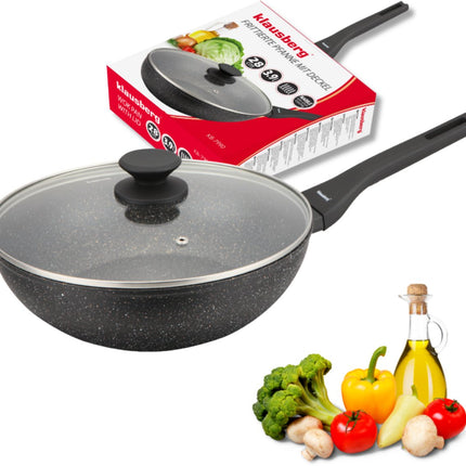 Klausberg Wokpan 28 cm met Deksel – Marble Anti-aanbaklaag – 3.9L – Inductie Geschikt – Aluminium Wok – Met Glazen Deksel – KB-7990