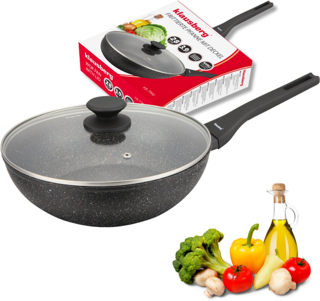 Klausberg Wokpfanne 28 cm mit Deckel – Marmor Antihaftbeschichtung – 3.9L – Induktionsgeeignet – Aluminium Wok – Mit Glasdeckel – KB-7990