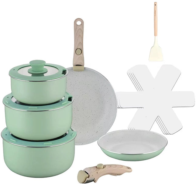 15-teiliges Pfannenset – Sanftes Hellgrün – Ultra Antihaft – 2 abnehmbare Holzgriffe – Für alle Herdarten geeignet
