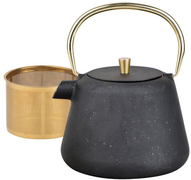 Kinghoff Gietijzeren Theepot met Zeef - 1 Liter - Zwart met Gouden Accenten - Model KH1932