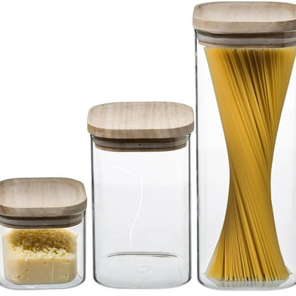 Set aus 3 Vorratsdosen/Vorratsgläsern aus Glas mit Holzdeckel - 500 ml - 1000 ml - 1800 ml - Vorratsgläser mit luftdichtem Deckel