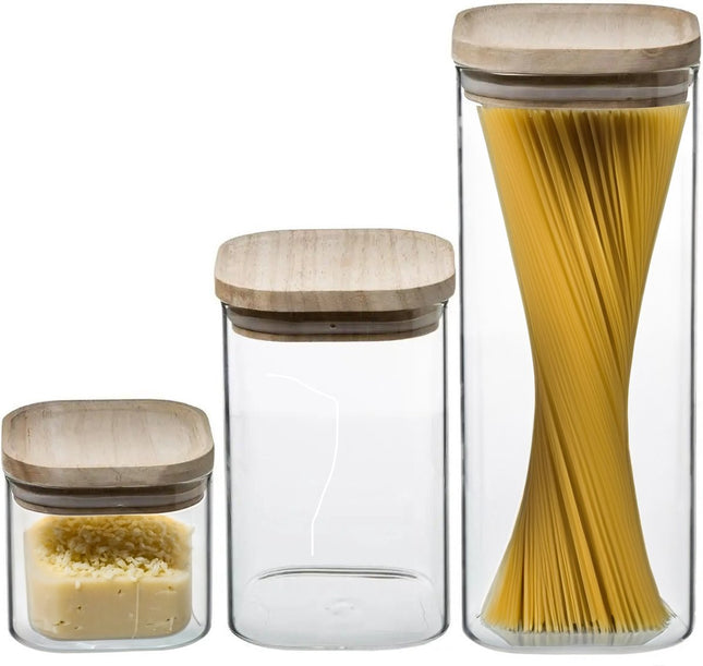 Set van 3 voorraadbussen/voorraadpotten glas met houten deksel - 500 ml - 1000 ml - 1800 ml - Voorraadpotten met luchtdichte deksel
