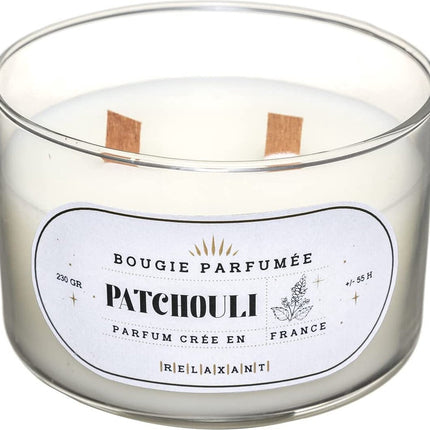 Duftkerze im Glas, 470 g, Duft Patchouli – Holzdocht – Knisterdocht – Kerze