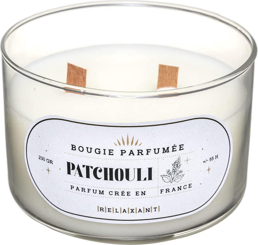 bougie parfumée en verre, 470 g, parfum patchouli - Mèche en bois - Mèche crépitante - Bougie