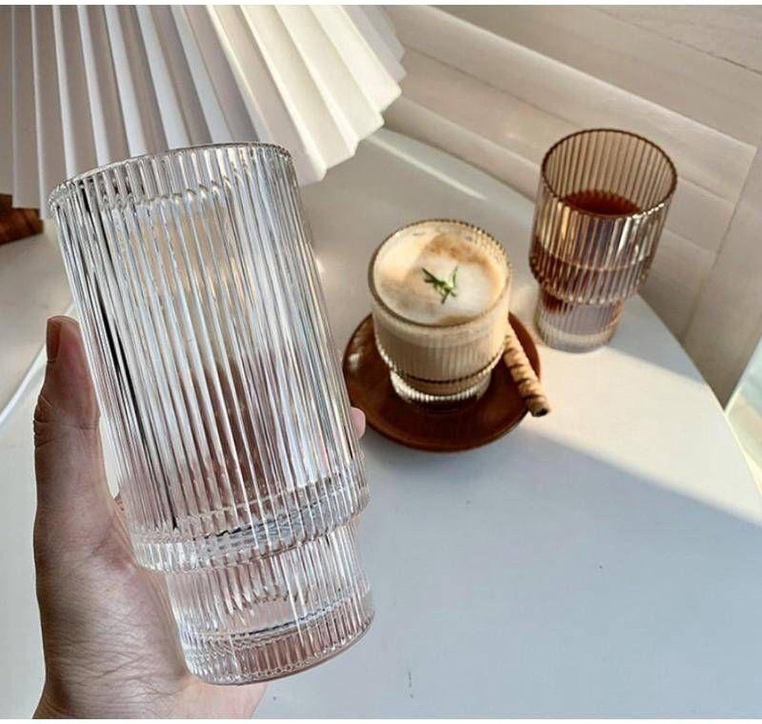 Geribbelde longdrinkglazen, set van 6 – stapelbaar glas met reliëf, 300 ml