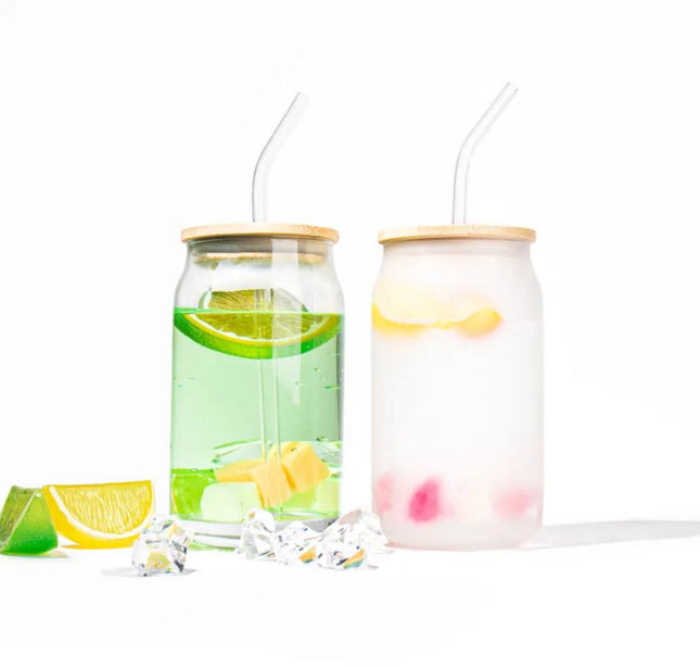 Duurzame Glazen met Bamboe Deksels en Glazen Rietjes – Set van 2 – Incl. Schoonmaakborstels – Geschikt voor Iced Coffee & Bubble Tea