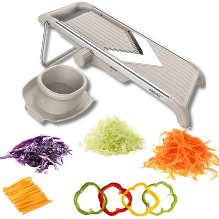 KINGHOFF KH-2006 Gemüseschneider – V-Klingen-Mandoline mit Julienne 5 mm – Einstellbare Dicke – Edelstahlklinge – Inklusive Sicherheitshalter – Beige