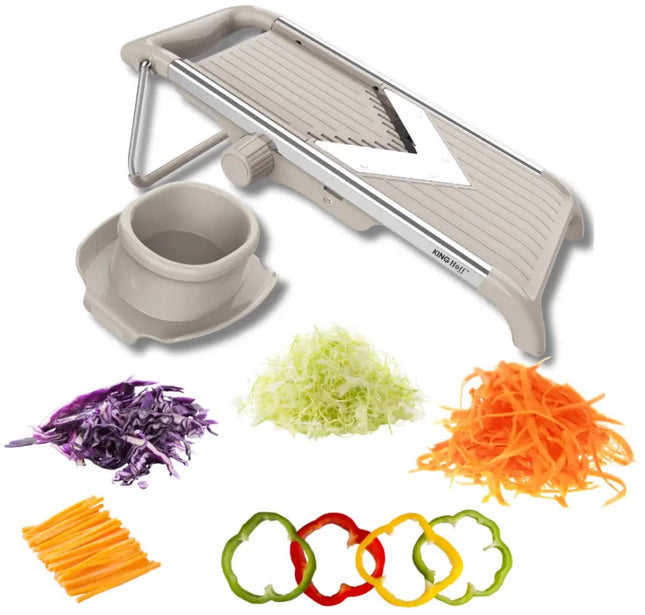 KINGHOFF KH-2006 Gemüseschneider – V-Klingen-Mandoline mit Julienne 5 mm – Einstellbare Dicke – Edelstahlklinge – Inklusive Sicherheitshalter – Beige