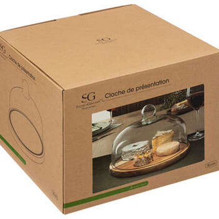 Secret de Gourmet dienblad met glazen stolp - acacia hout - 30 cm - serveerplank/kaasplank/cake platter - rond