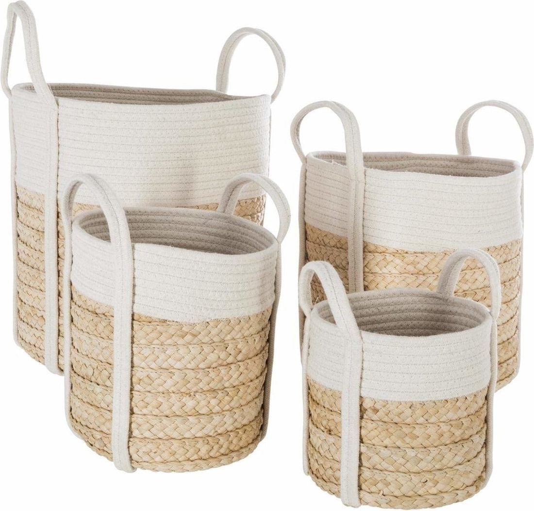 Atmosphera decoratieve manden van riet – set van 4 met katoenen handvatten