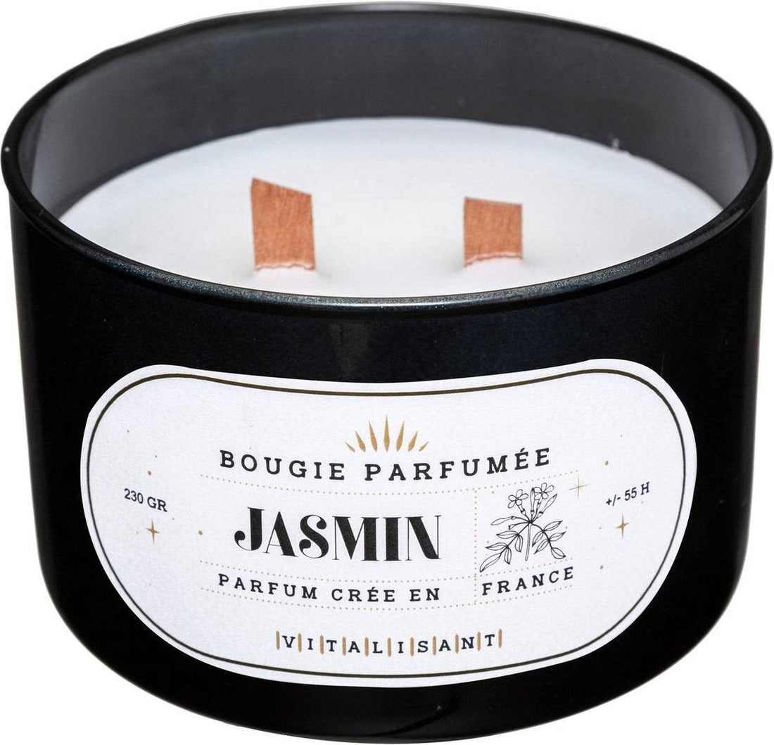 Bougie parfumée en verre, 470 g, parfum jasmin - Mèche en bois - Mèche crépitante - Bougie