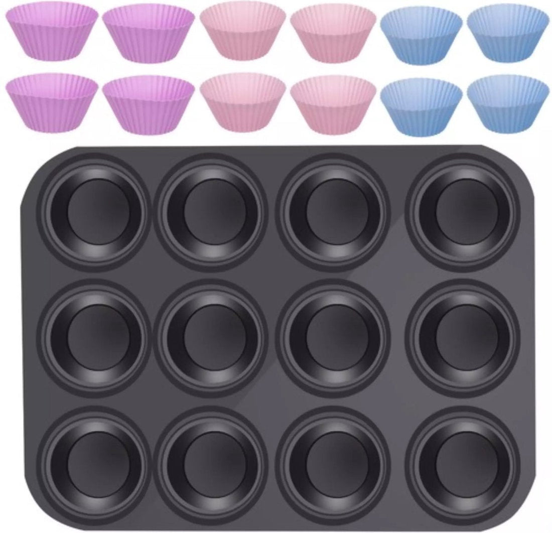 Ruhhy muffinbakplaat met 12 siliconen vormpjes – antiaanbaklaag, grafiet